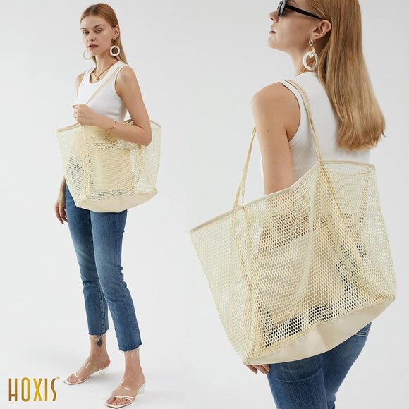 Women's Cream-beige Mesh Beach Nylon&Polyester No-closure Tote Shoulder Handbag - Picture 5 of 6